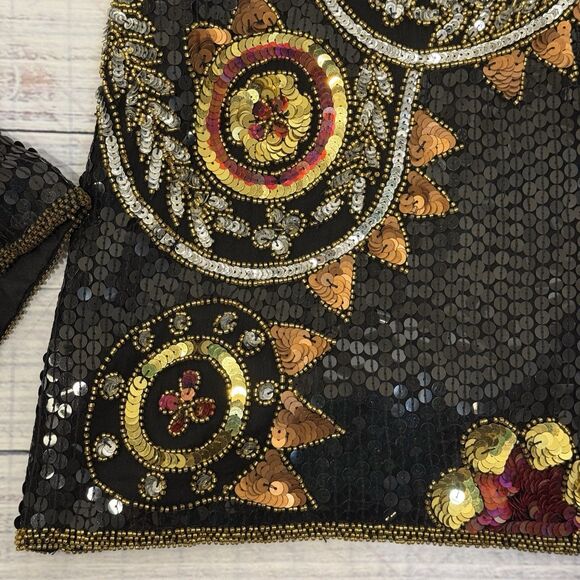 Laurence Kazar Vintage 80s Sequin Beaded Silk Jacket Black Women’s Medium - Picture 12 of 16